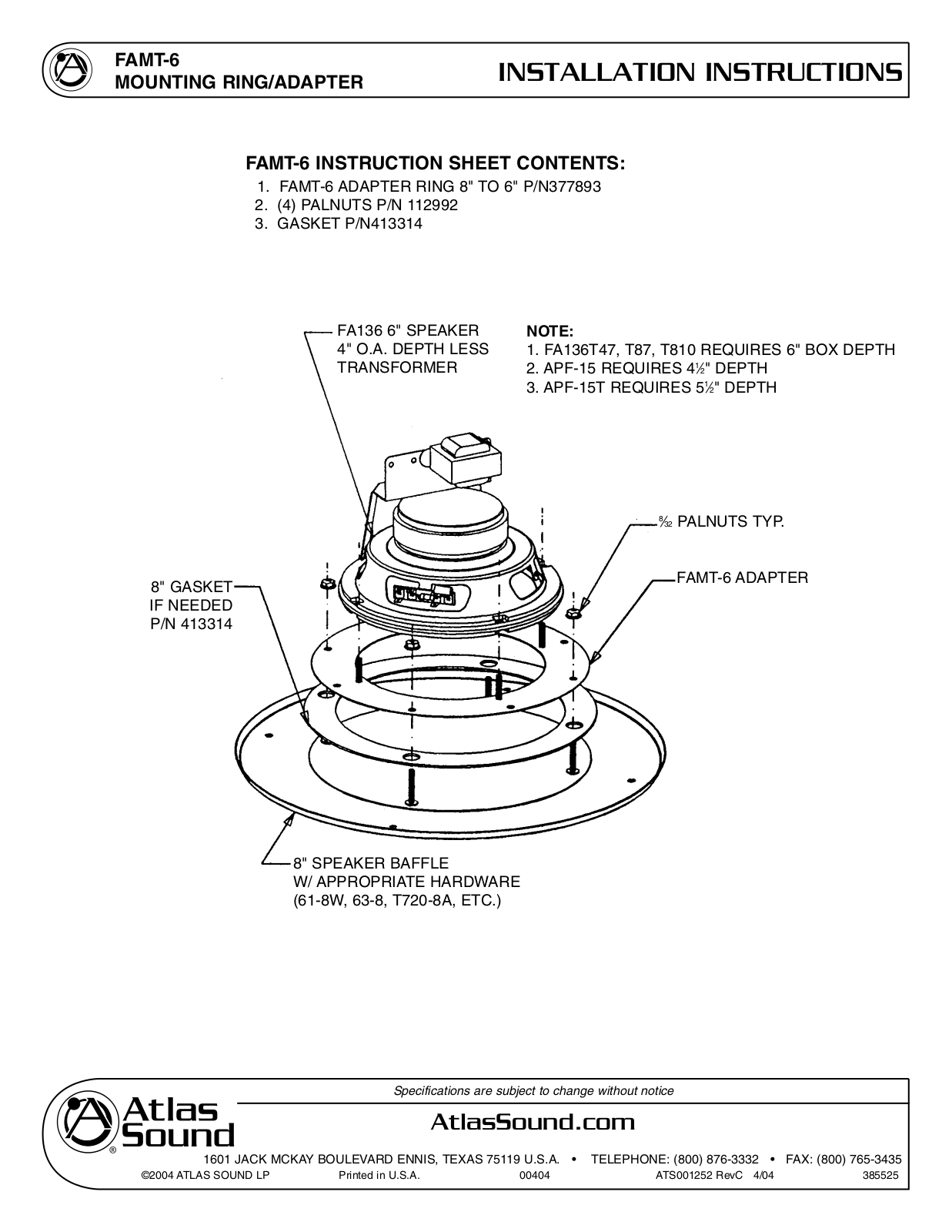 Atlas IED FAMT-6 Installation Guide