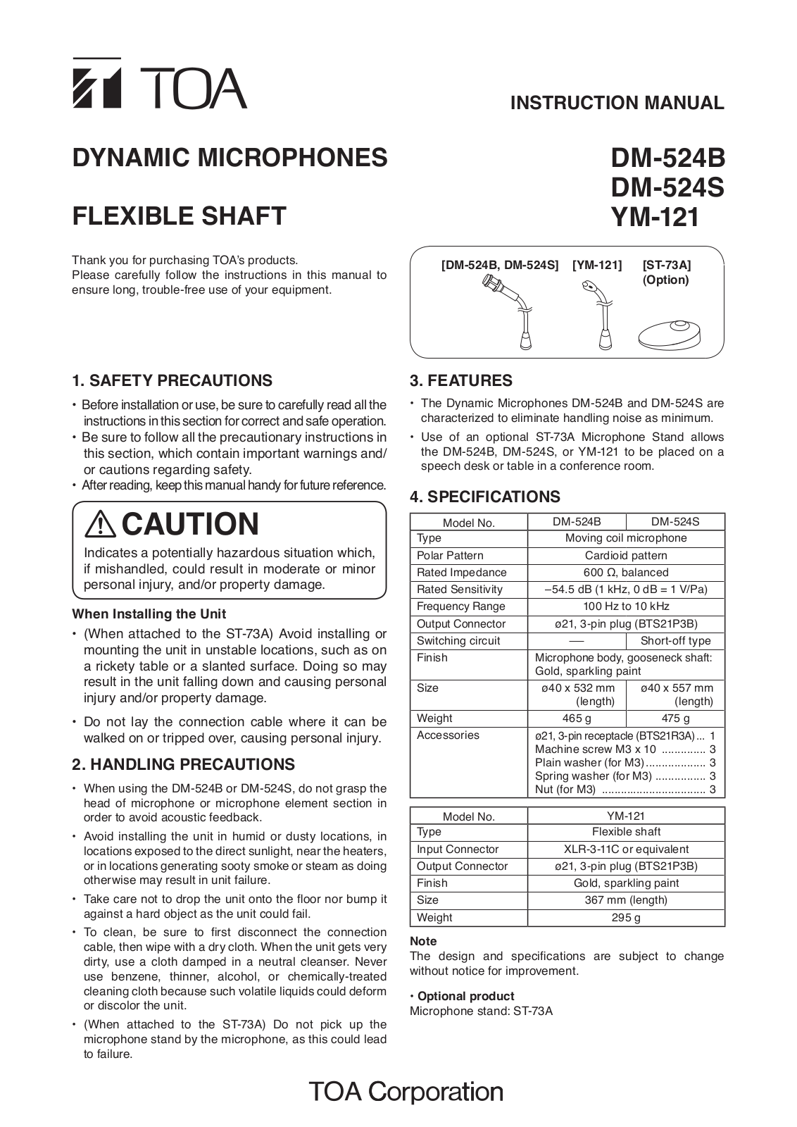 Toa DM-524B, YM-121, DM-524S Instruction Manual