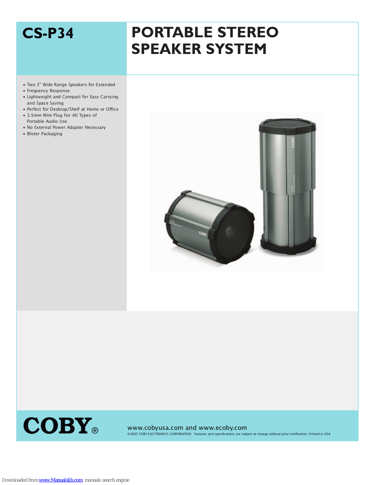 Coby CS-P34 Specification Sheet