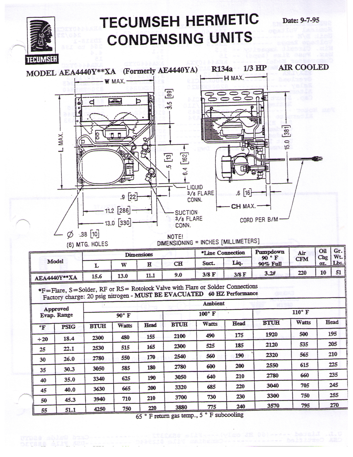 Tecumseh AEA4440YXCXA Performance Data Sheet