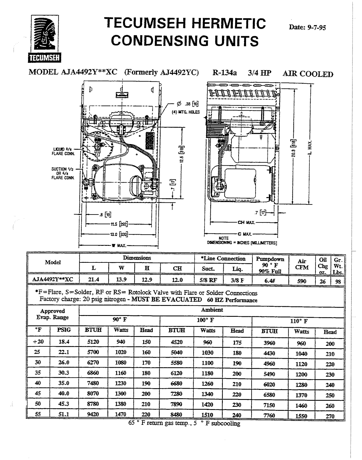 Tecumseh AJA4492YXCXC Performance Data Sheet