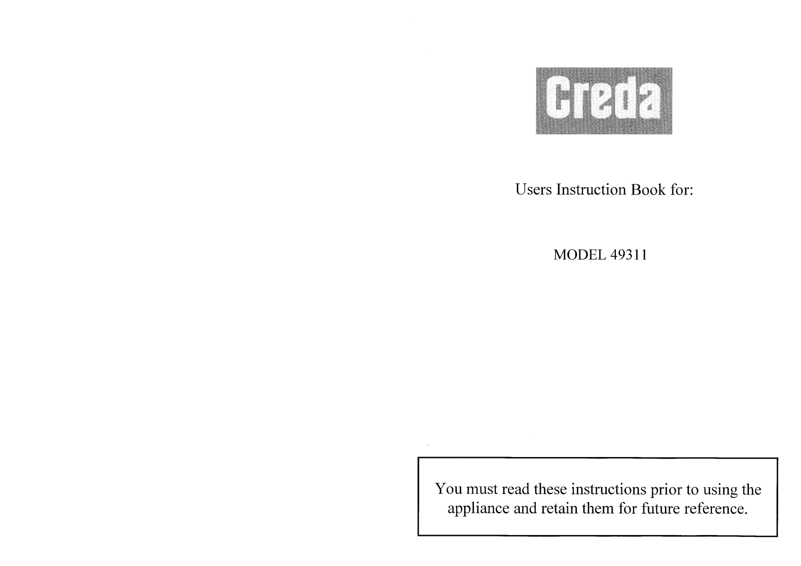 Creda 49311 Instructions for Installation and Use