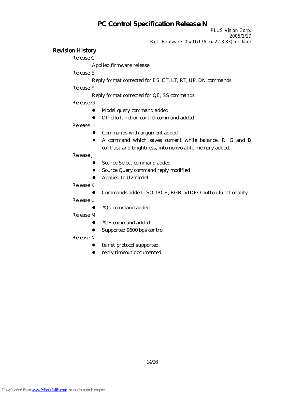 PLUS Vision RS-232, U5 Series, U4 Series, U7 Series, U8 Series Release Note