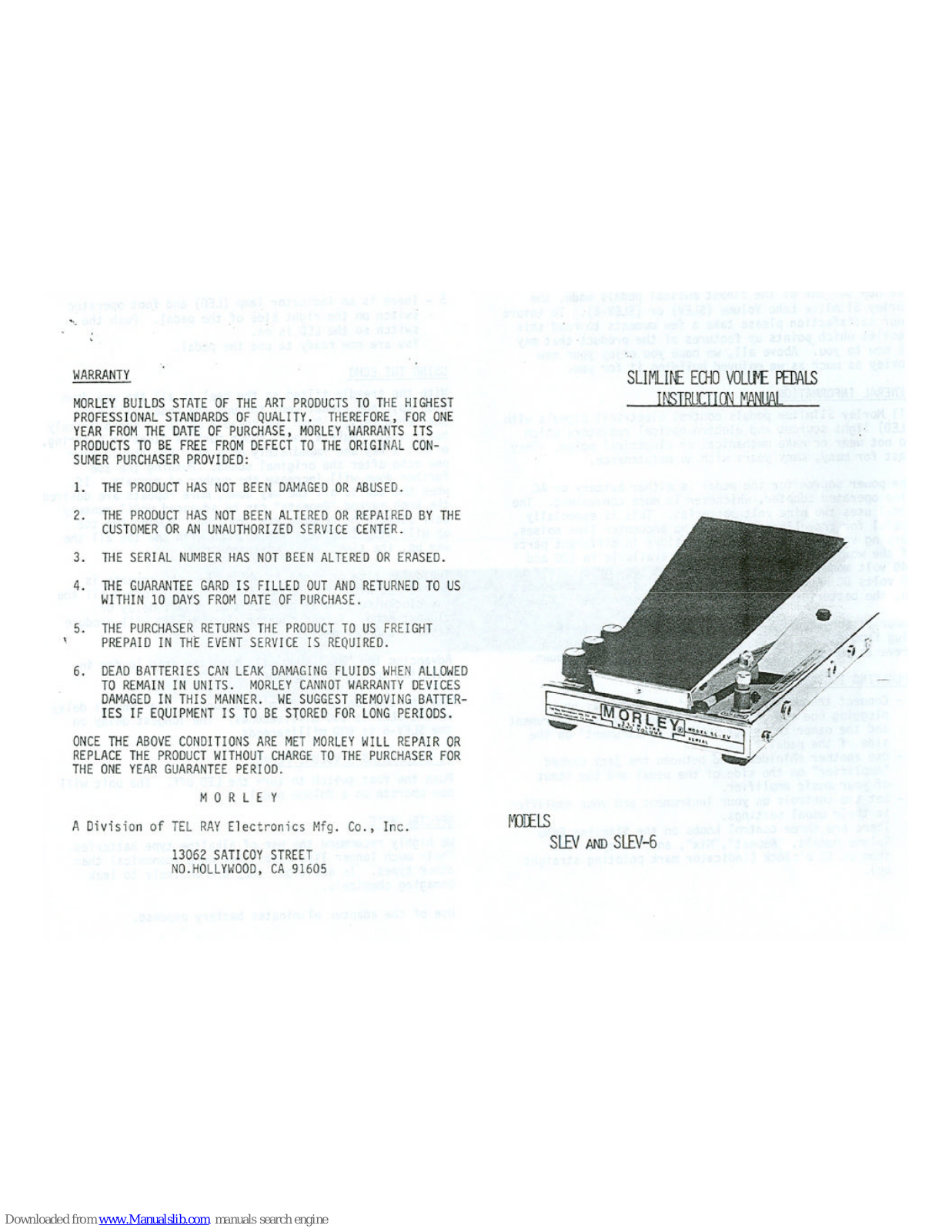 MORLEY PEDALS SLEV1, SLEV, SLEV-6, Slimline Echo Volume Pedals Instruction Manual