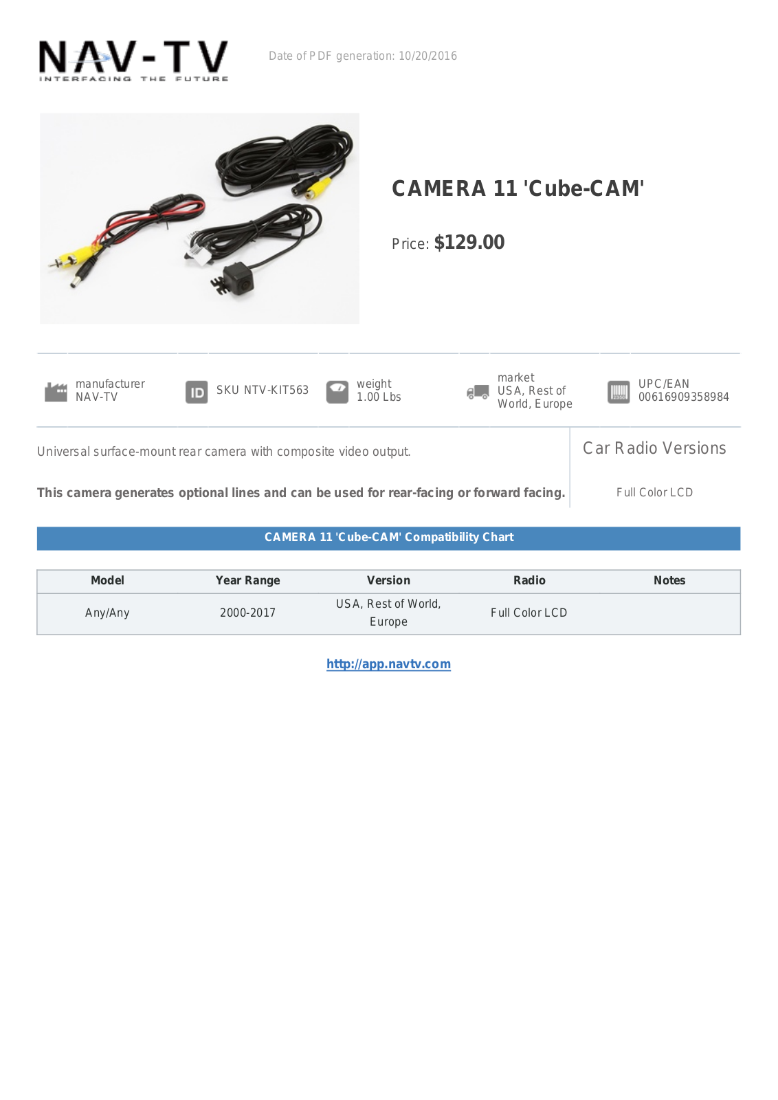 NAV-TV CAMERA 11 'Cube-CAM' Specifications