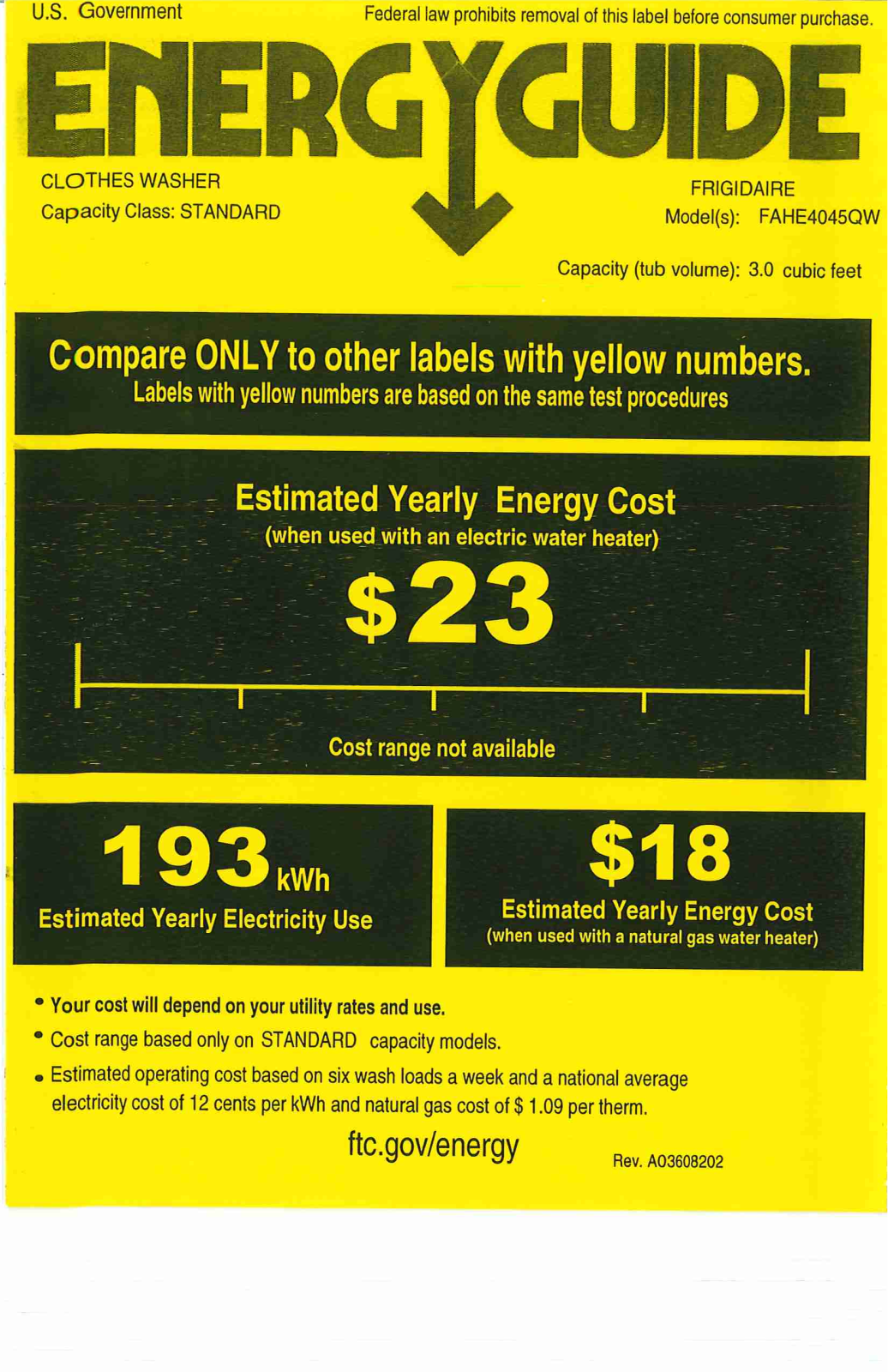 Frigidaire FAHE4045QW Energy Guide