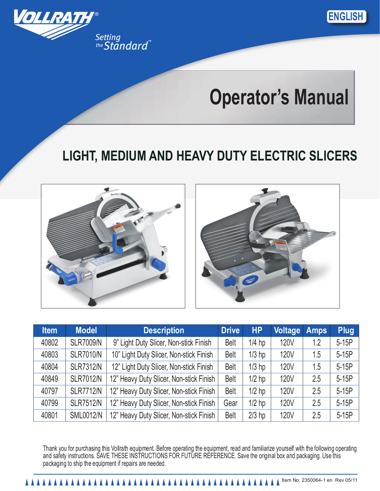 Vollrath SML0012-N Installation  Manual