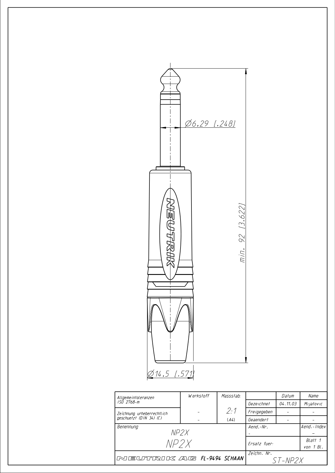 Neutrik NP2X-BAG Specifications