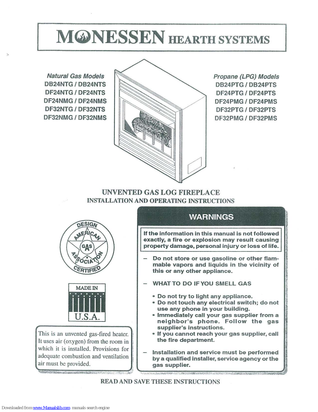 Monessen DF24NTS, DF24NMS, DF32NTG, DF32NTS, DF32NMG Installation And Operational Instructions