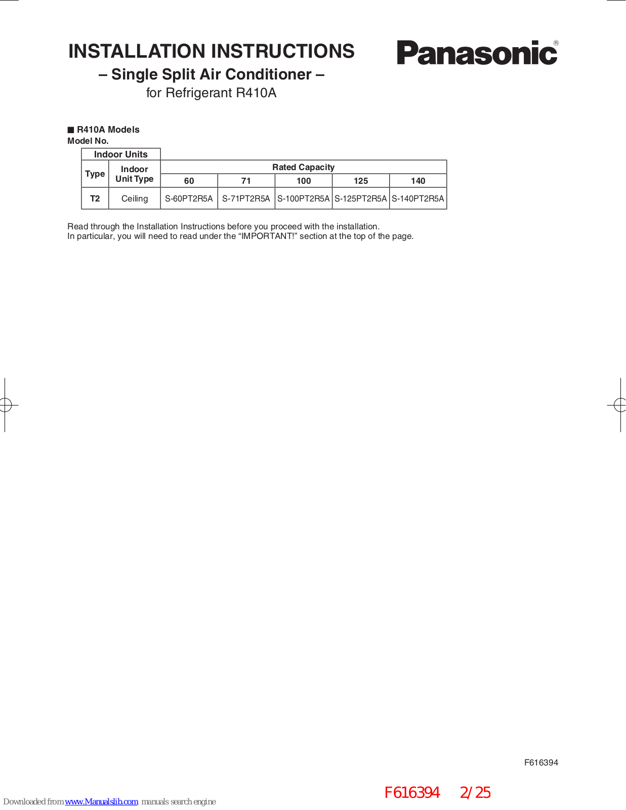 Panasonic S-60PT2R5A, S-100PT2R5A, S-71PT2R5A, S-125PT2R5A, S-140PT2R5A Installation Instructions Manual