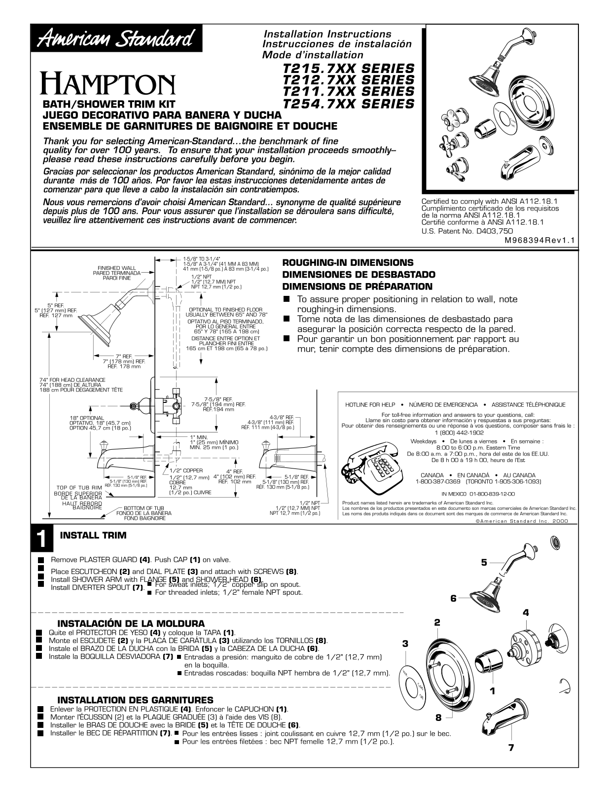 American Standard T215.7XX, T212.7XX, T254.7XX, T211.7XX User Manual