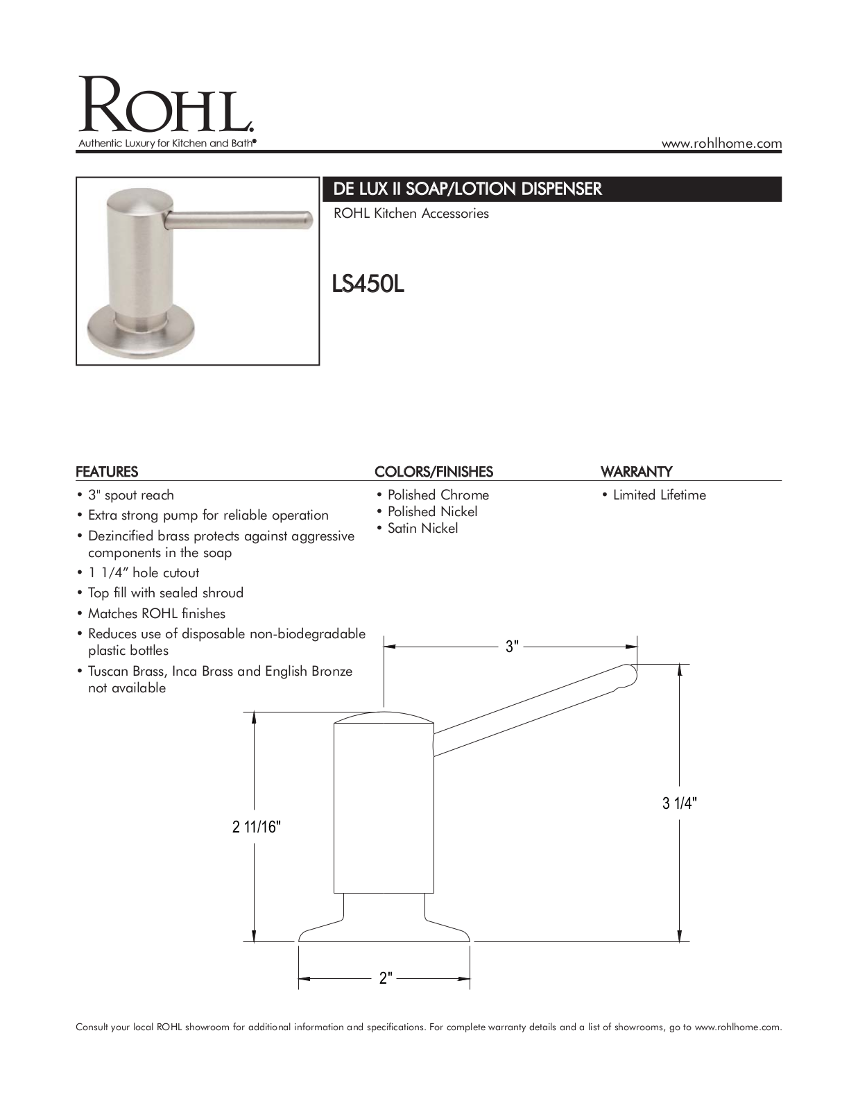 Rohl LS450L Specifications