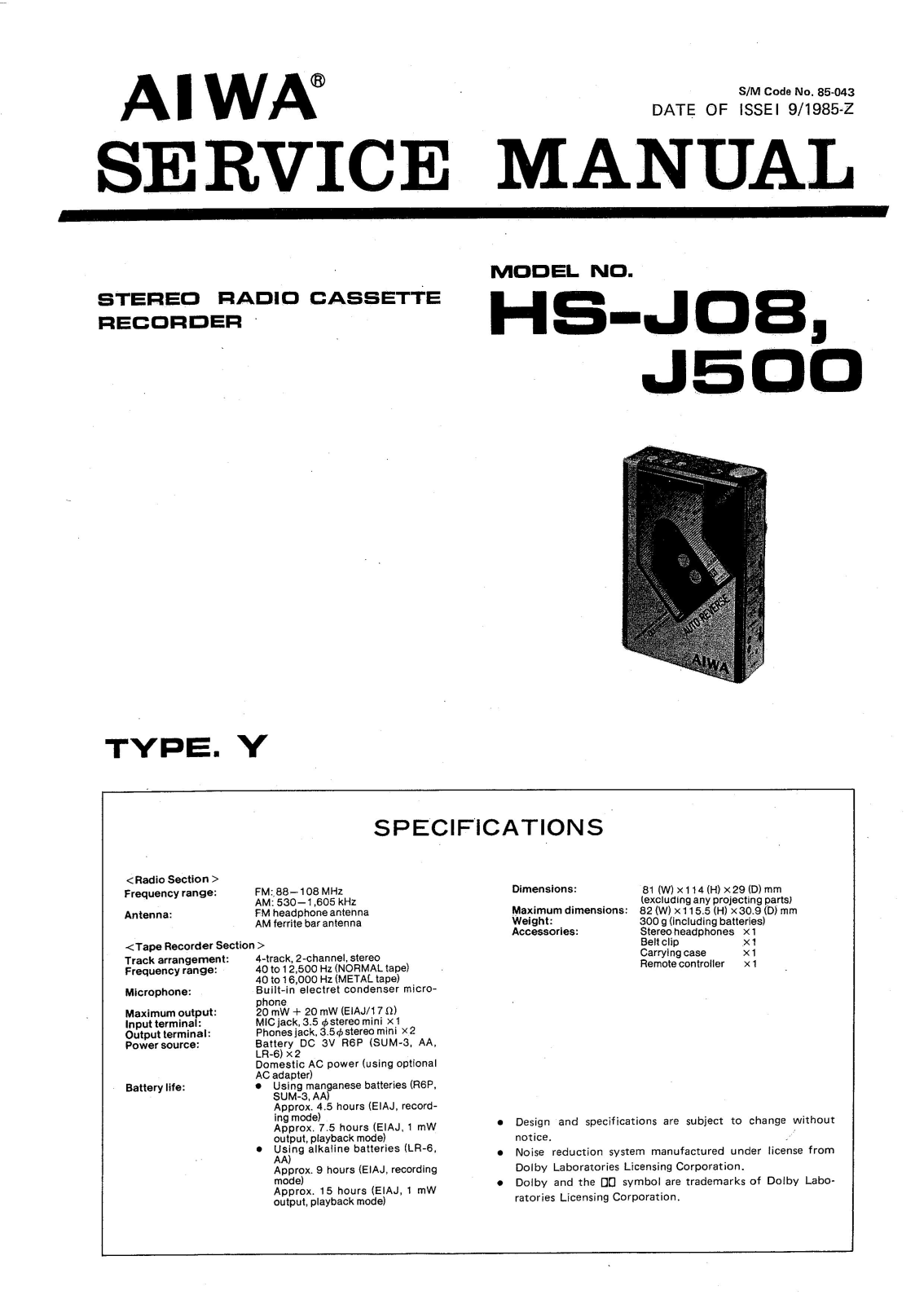 Aiwa HS-J08, HS-J500 User Manual