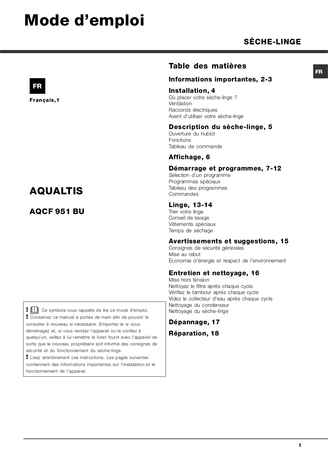 Hotpoint AQCF 951 B U User Manual