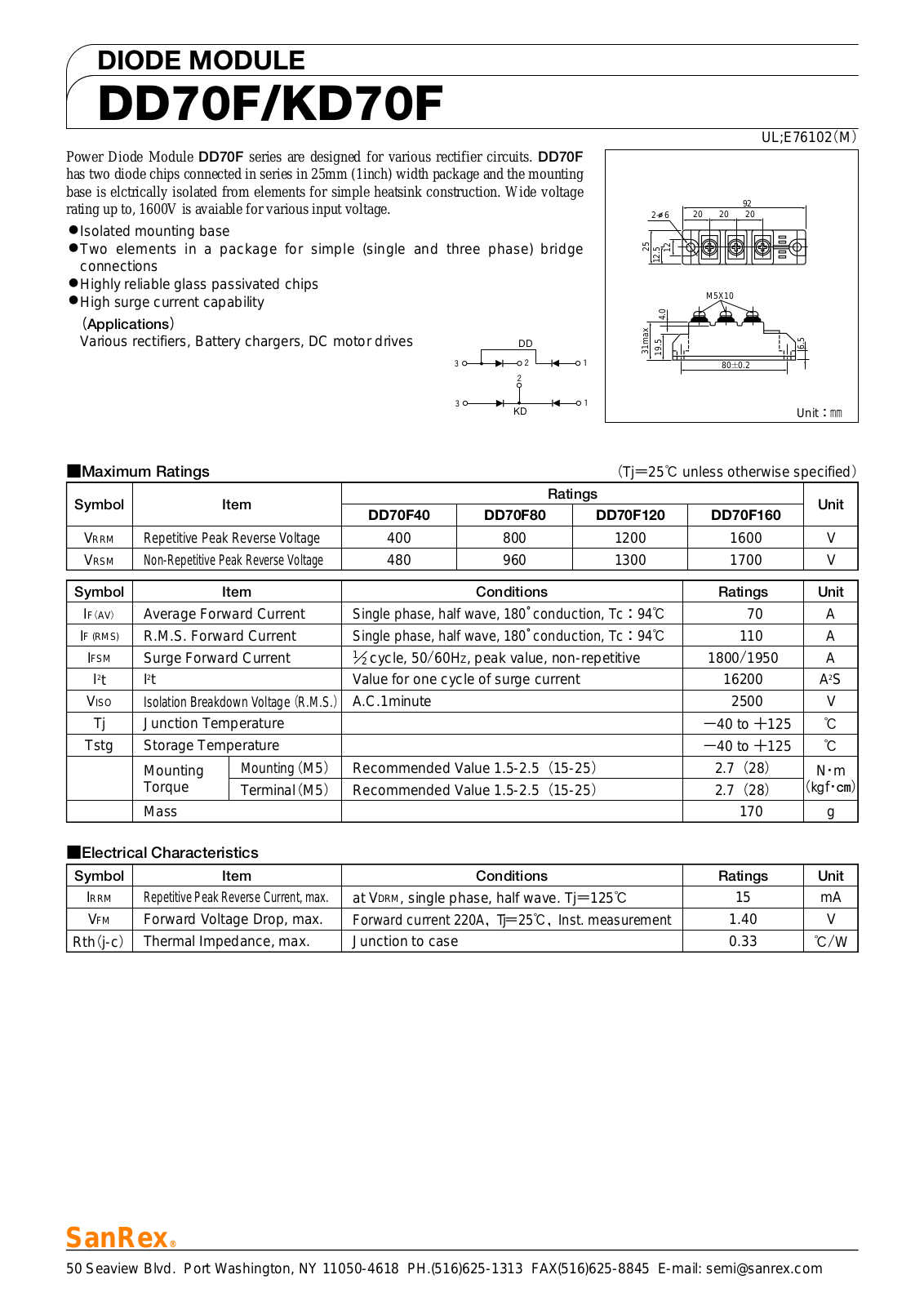 Sanrex-Sansha Electric Manufacturing DD70F, KD70F Data Sheet