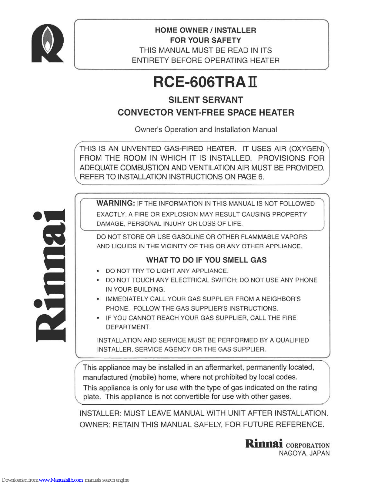 Rinnai RCE-606TRA II Owner's Operation And Installation Manual