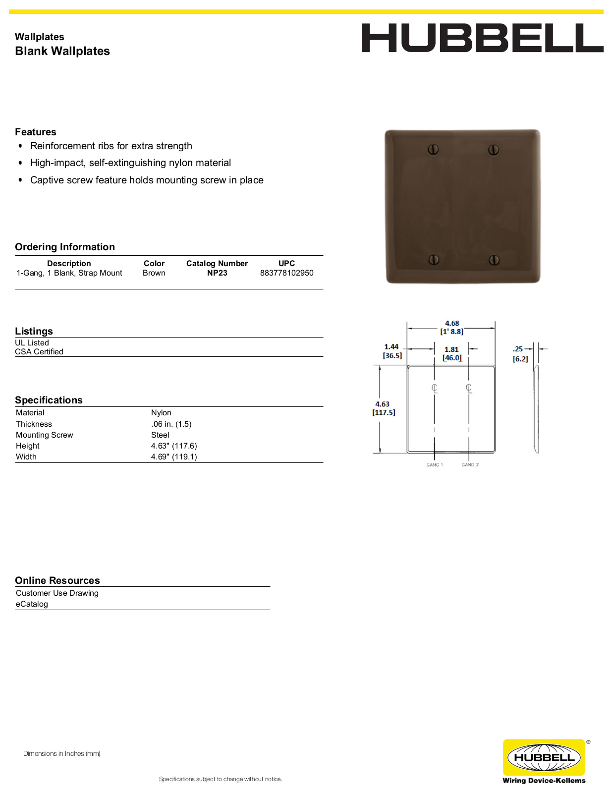 Hubbell NP23 Specifications