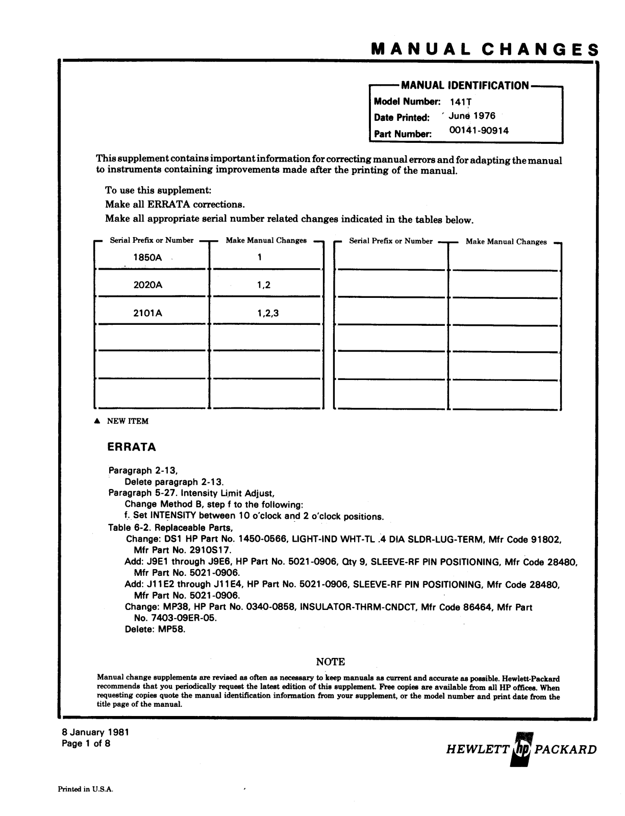 HP 141T Service manual