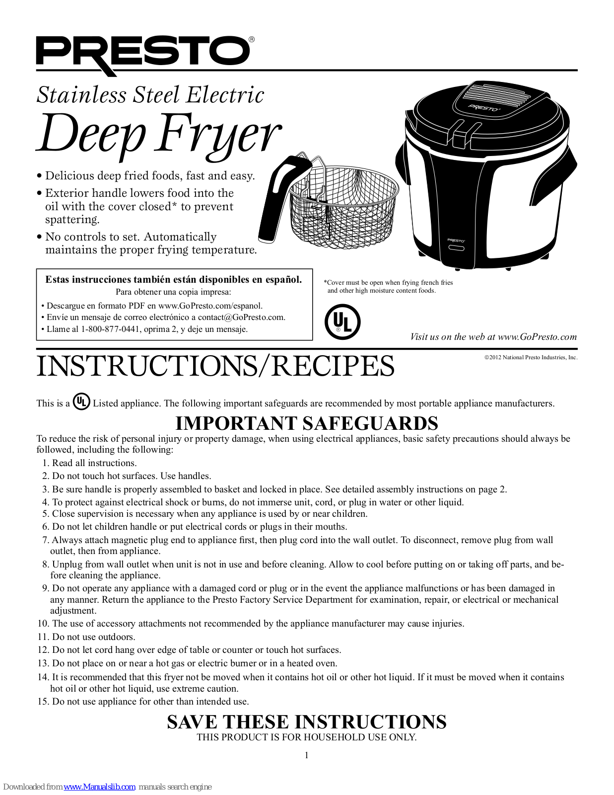 Presto Stainless Steel Electric Deep Fryer, 5401 Instructions & Recipes