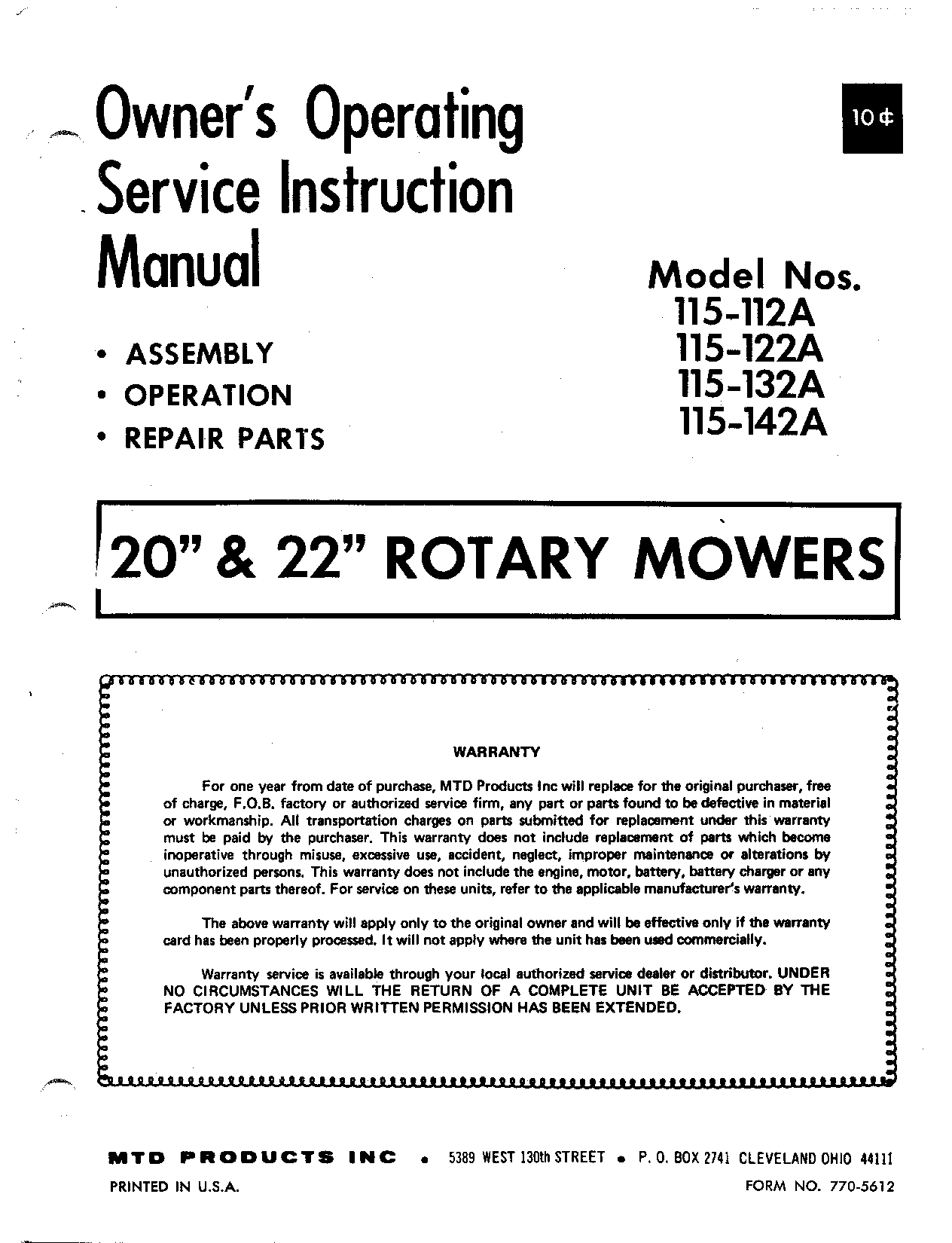 MTD 115-112A, 115-122A, 115-142A, 115-132A User Manual