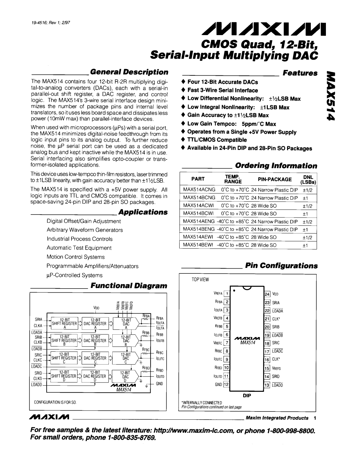 Maxim MAX514BEWI, MAX514BENG, MAX514ACWI, MAX514ACNG, MAX514BCNG Datasheet