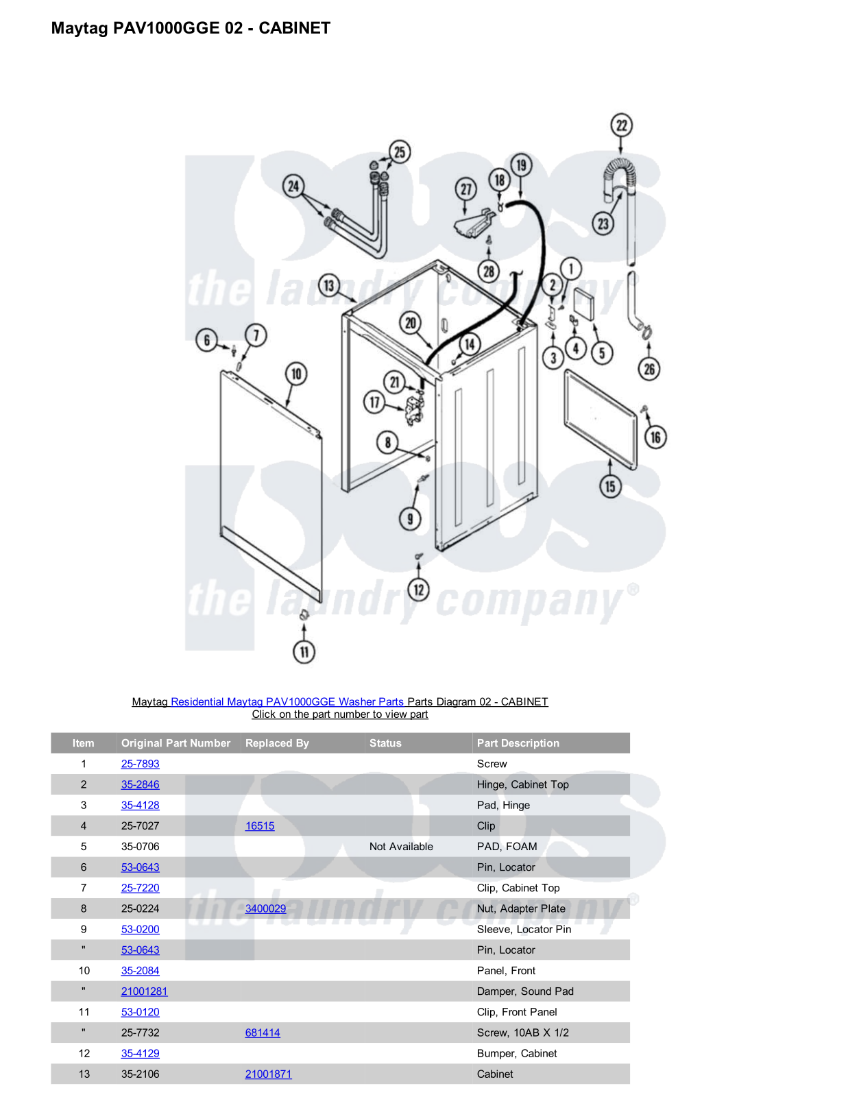 Maytag PAV1000GGE Parts Diagram