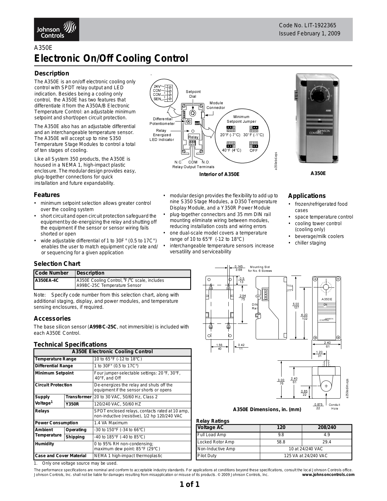 Johnson Controls A350E Catalog Page