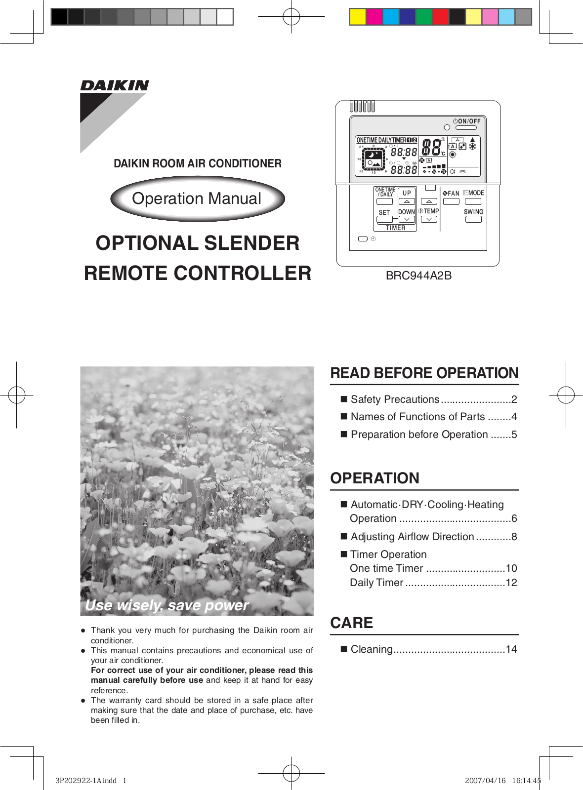 Daikin BRC944A2B Operation Manual