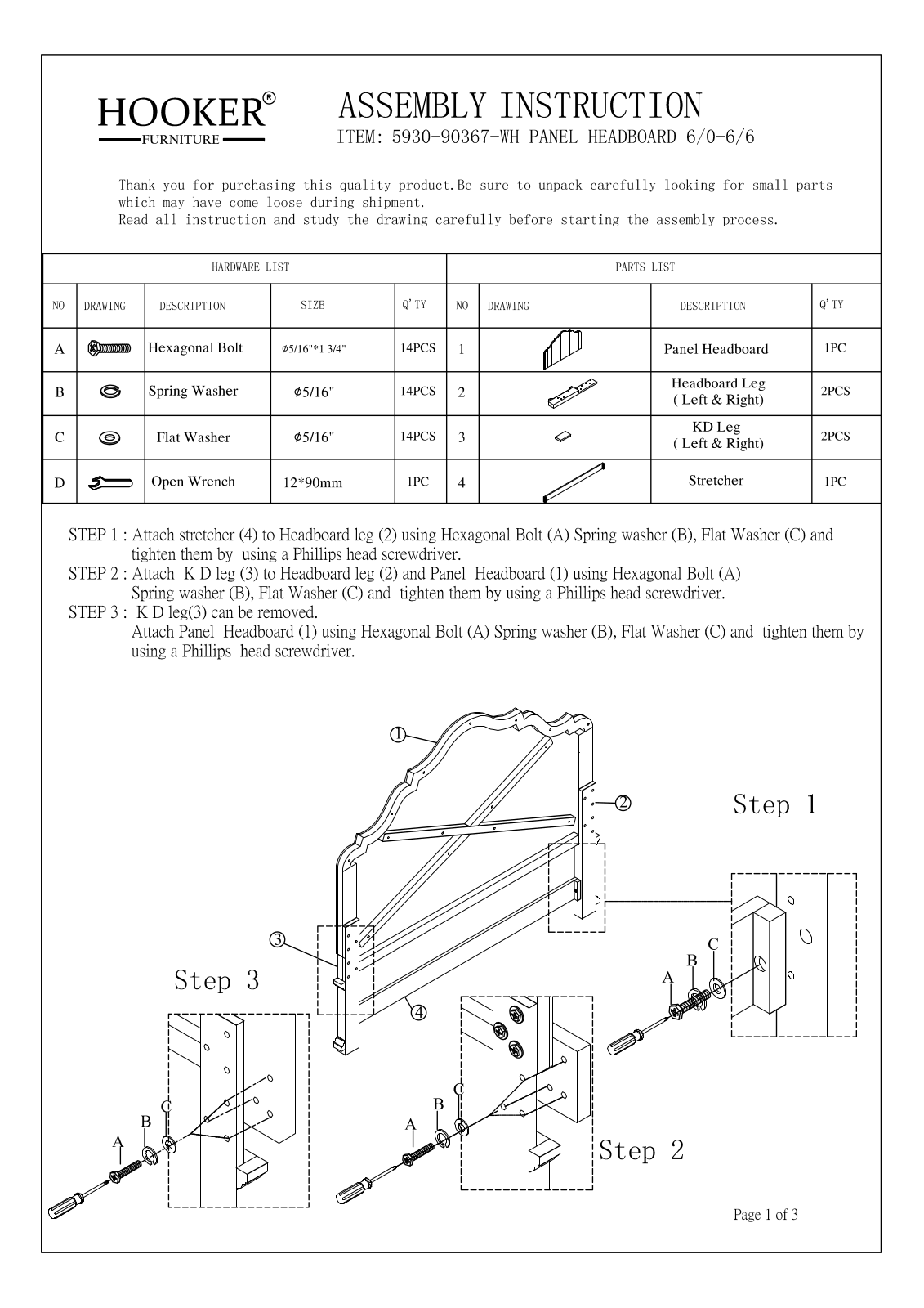 Hooker Furniture 59309013BEDWH Assembly Guide