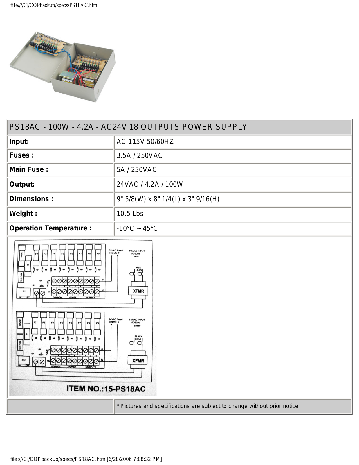 COP-USA PS18AC Specsheet