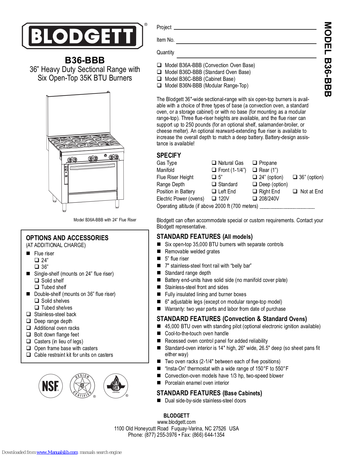 Blodgett B36-BBB, B36C-BBB, B36D-BBB, B36N-BBB Specifications