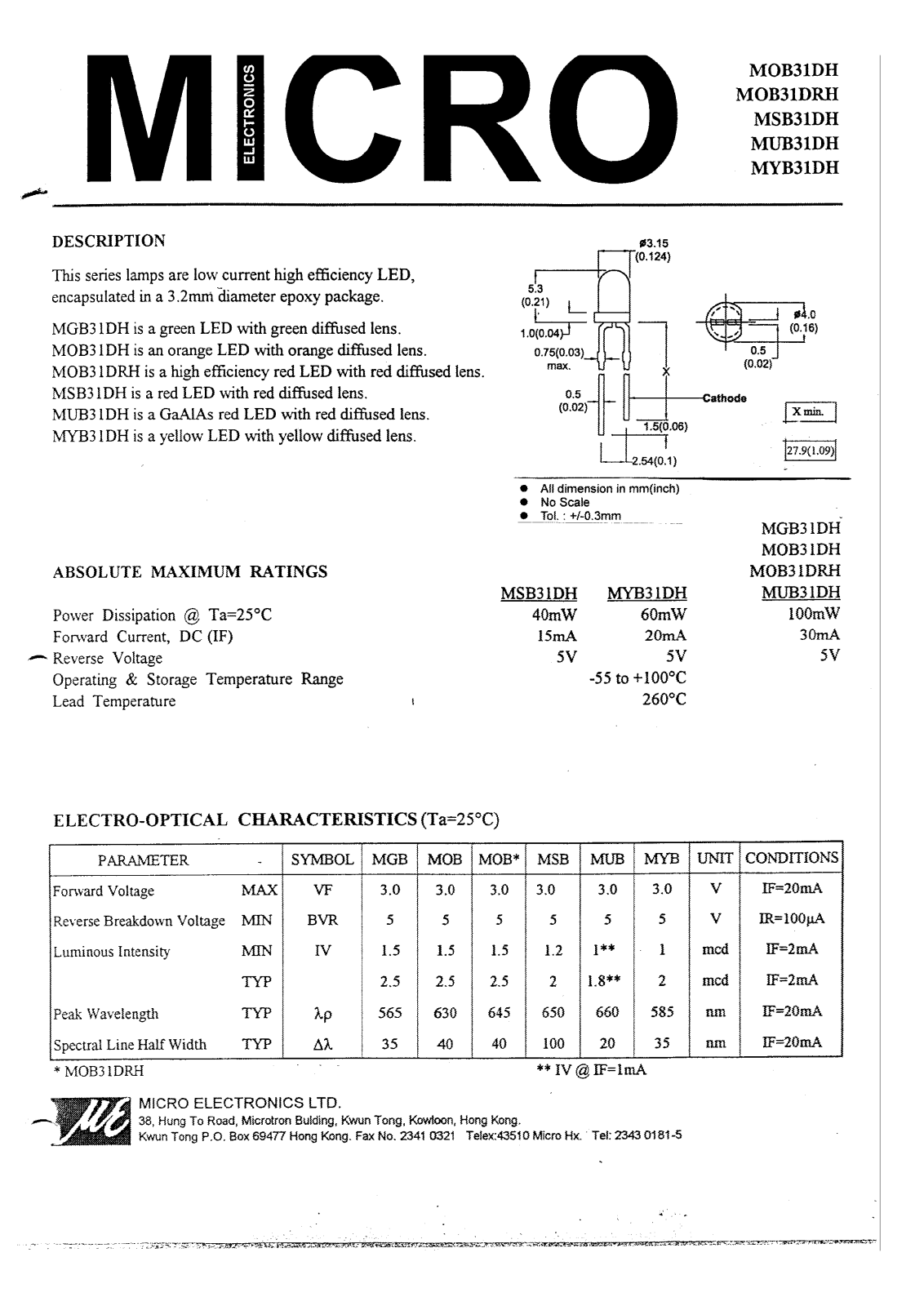 MICRO MSB31DH, MOB31DRH, MOB31DH, MGB31DH, MYB31DH Datasheet