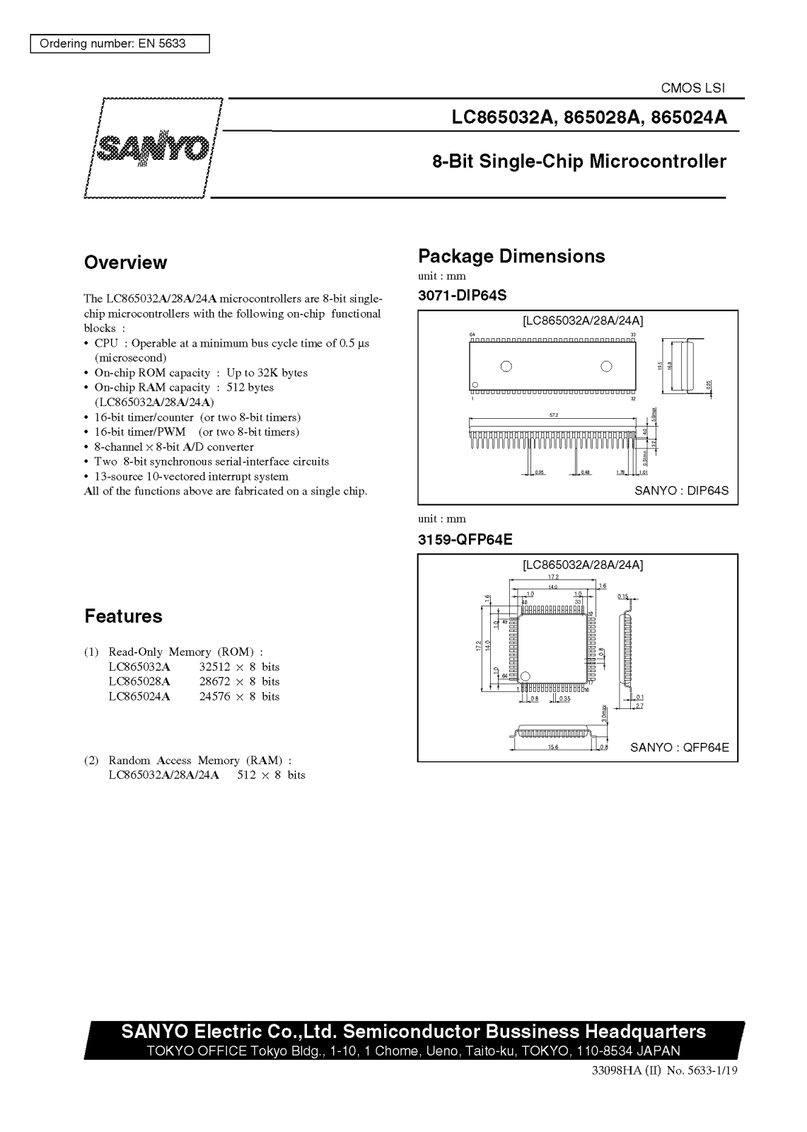 SANYO LC865024A, LC865032A Datasheet