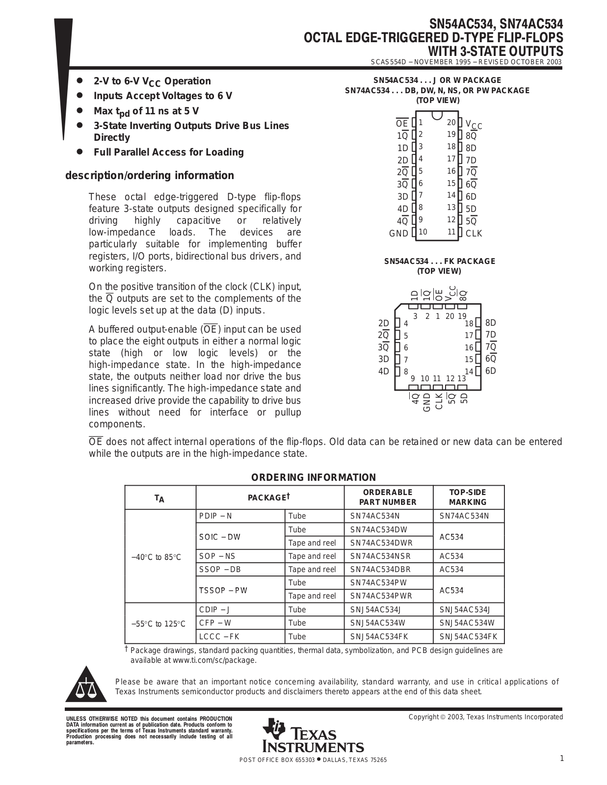 TEXAS INSTRUMENTS SN54AV534 Technical data