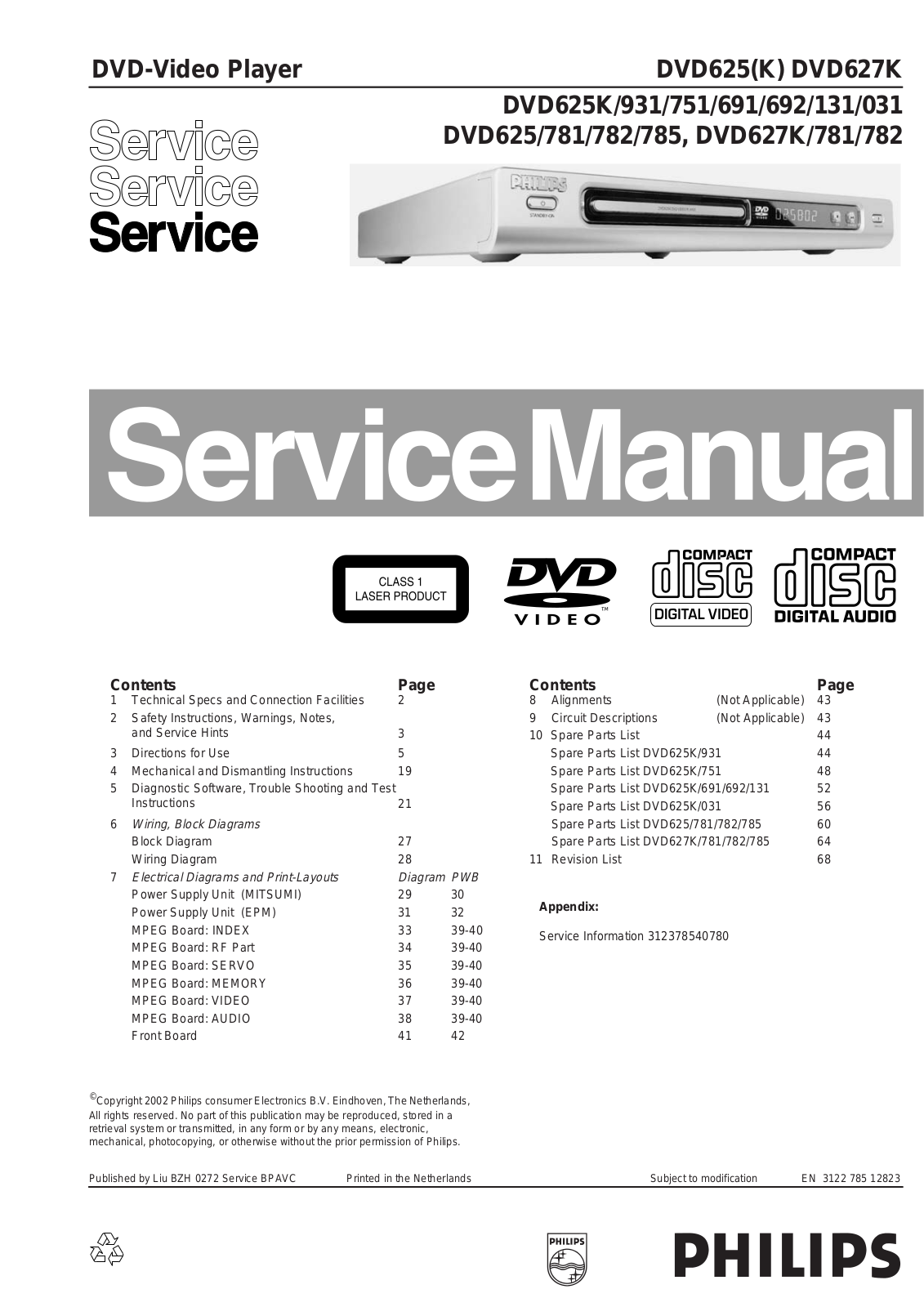 PHILIPS DVD625K-931, DVD625K-751, DVD625K-691, DVD625K-692, DVD625K-131 Service Manual