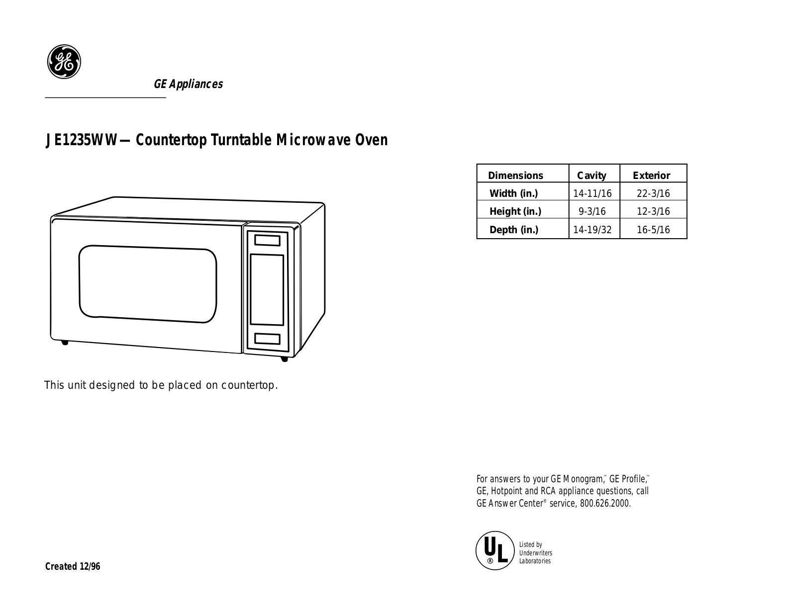 GE JE1235WW Specification - ManualMachine.com