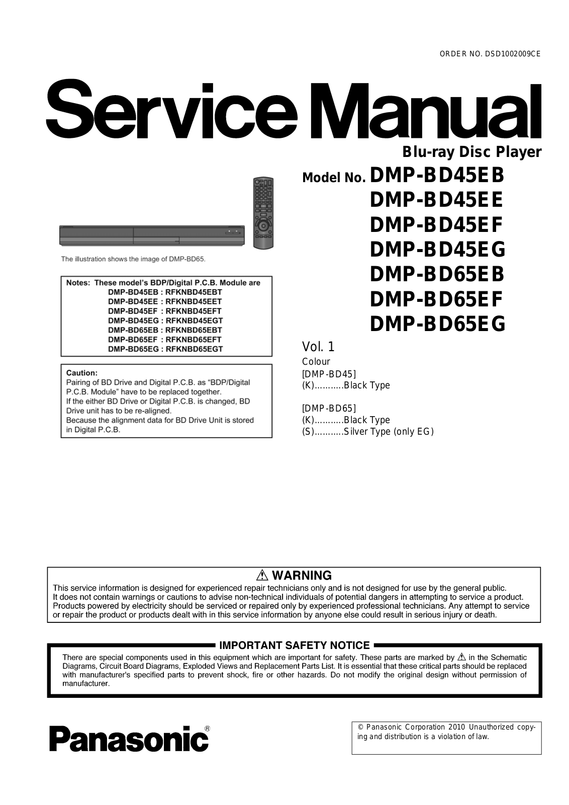 Panasonic DMP-BD45EB, DMP-BD45EE, DMP-BD45EF, DMP-BD45EG, DMP-BD65EB Service Manual