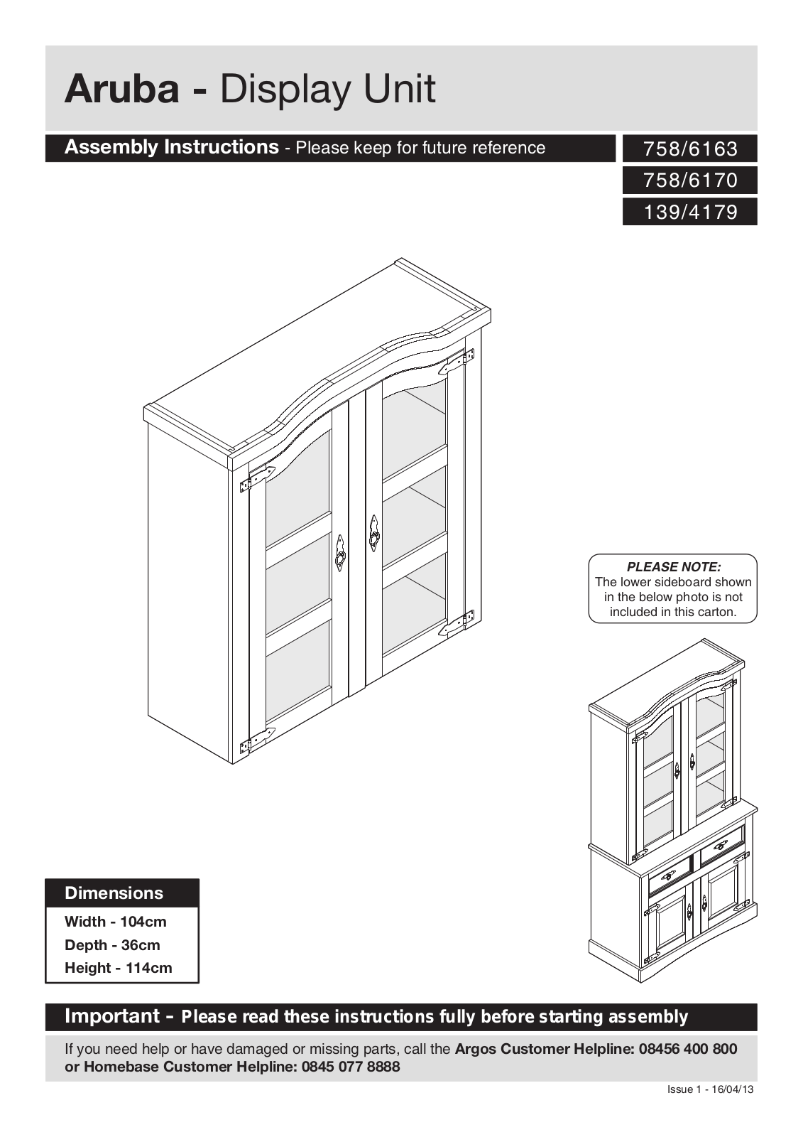 Argos Aruba - Display Unit ASSEMBLY INSTRUCTIONS