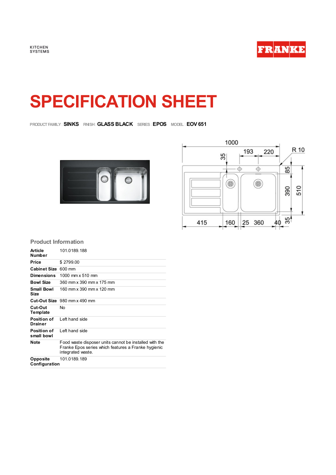 Franke Foodservice EOV 651 Specification