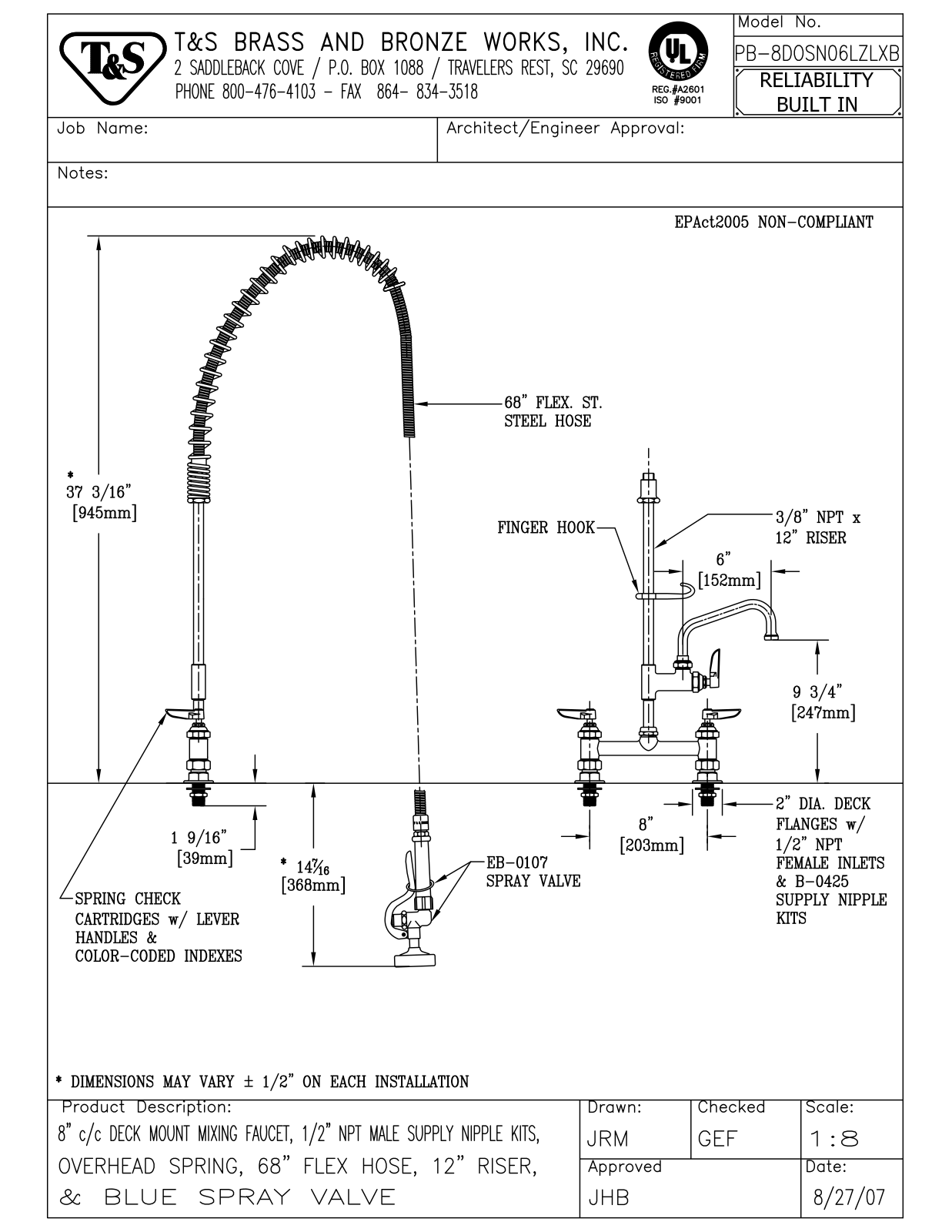 T&S Brass PB-8DOSN06LZLXB User Manual