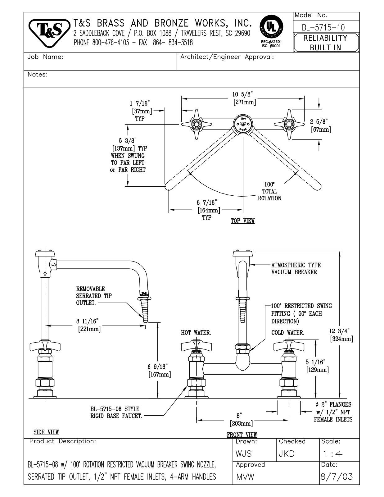 T & S Brass & Bronze Works BL-5715-10 General Manual