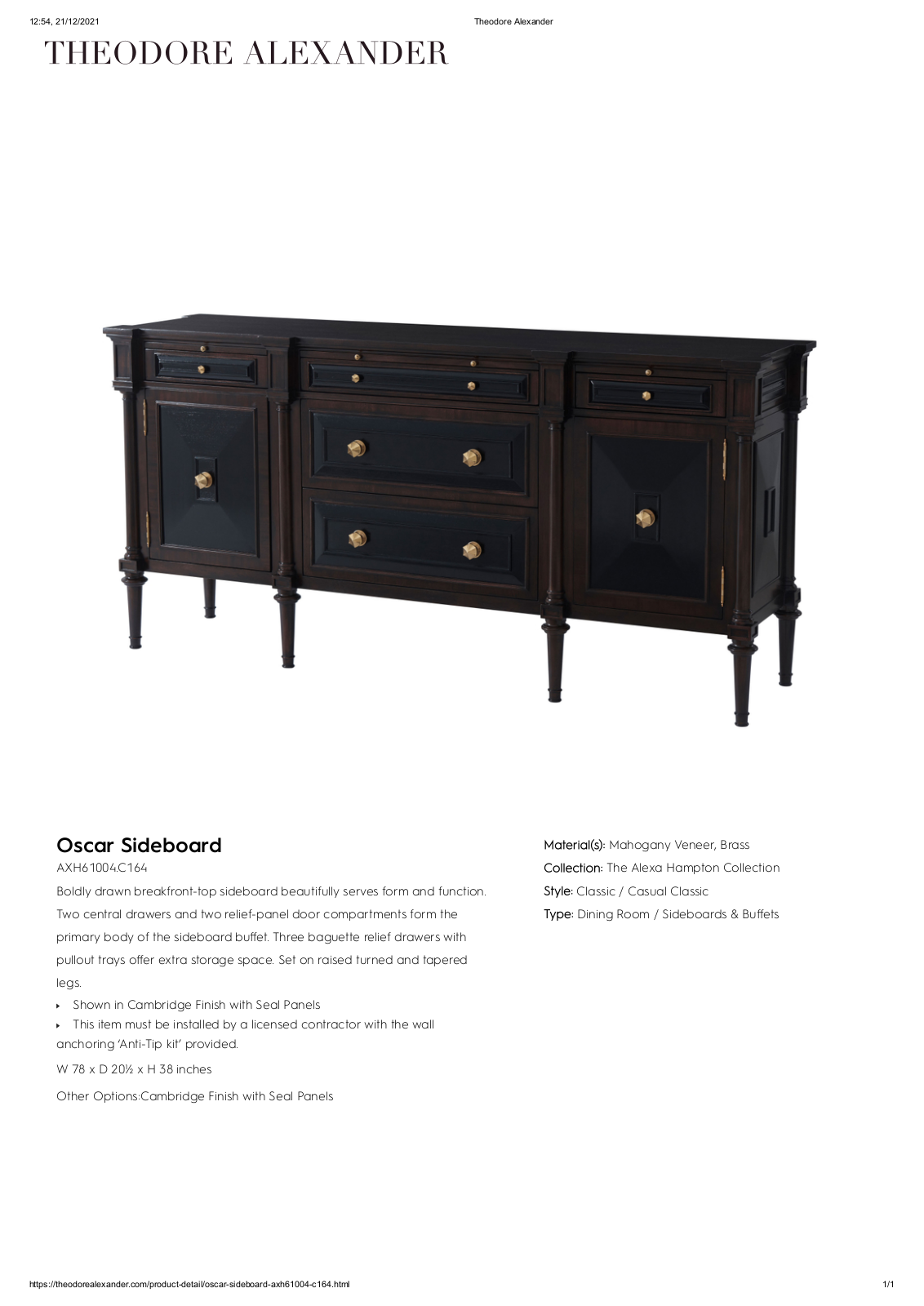 Theodore Alexander FPLJ3594 Specifications - ManualMachine.com