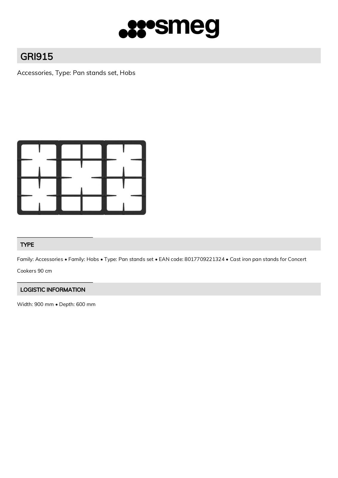 Smeg GRI915 Technical sheet