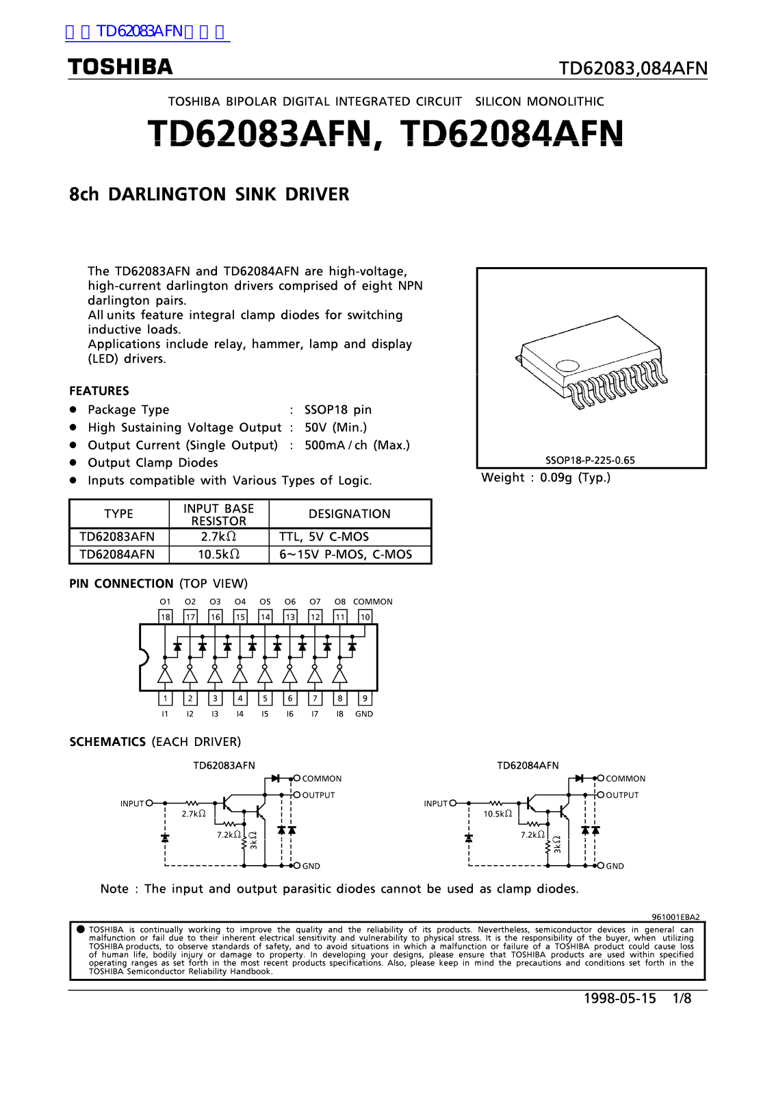 TOSHIBA TD62083, TD 084AFN Technical data