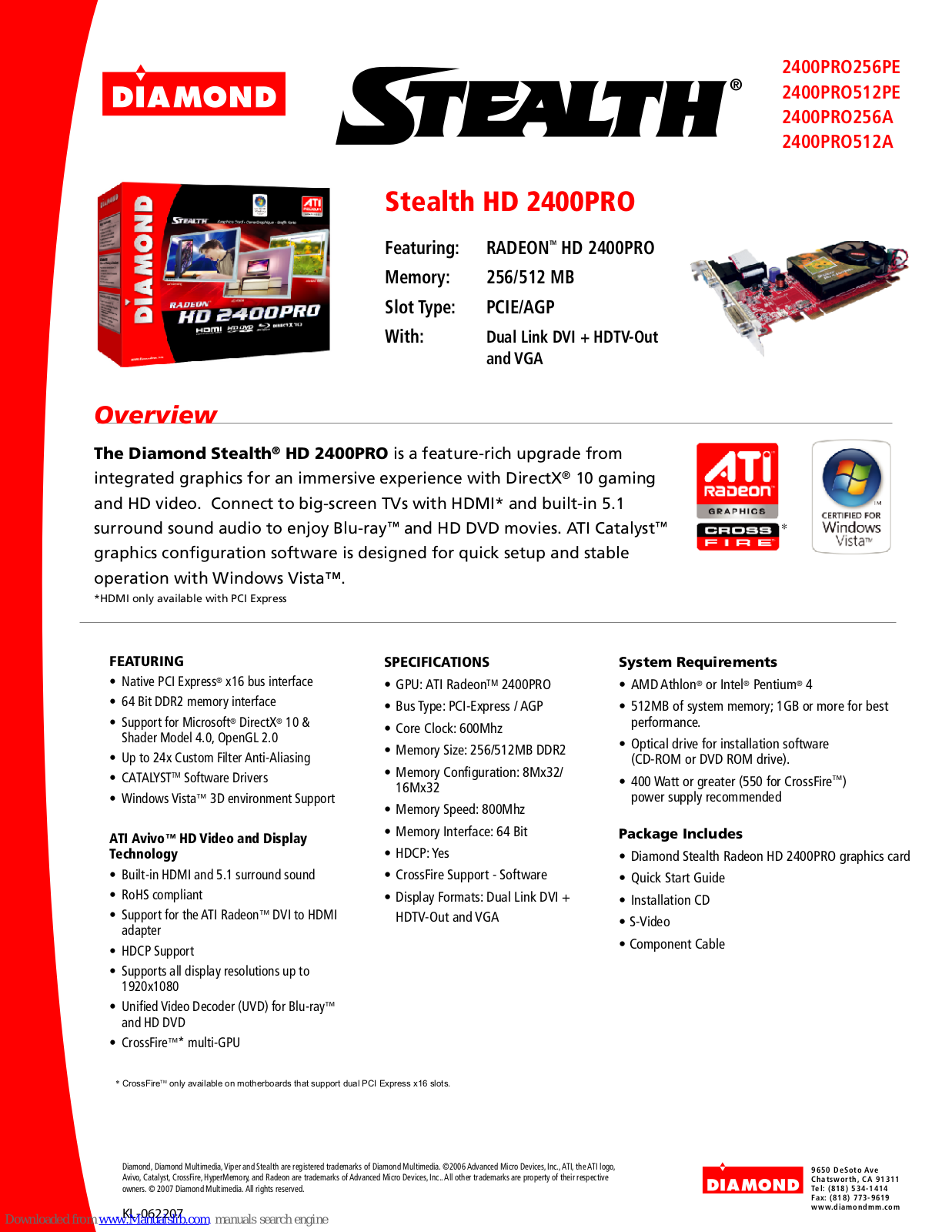 Diamond 2400PRO256PE, 2400PRO512PE, 2400PRO256A, 2400PRO512A Specification Sheet - ManualMachine.com