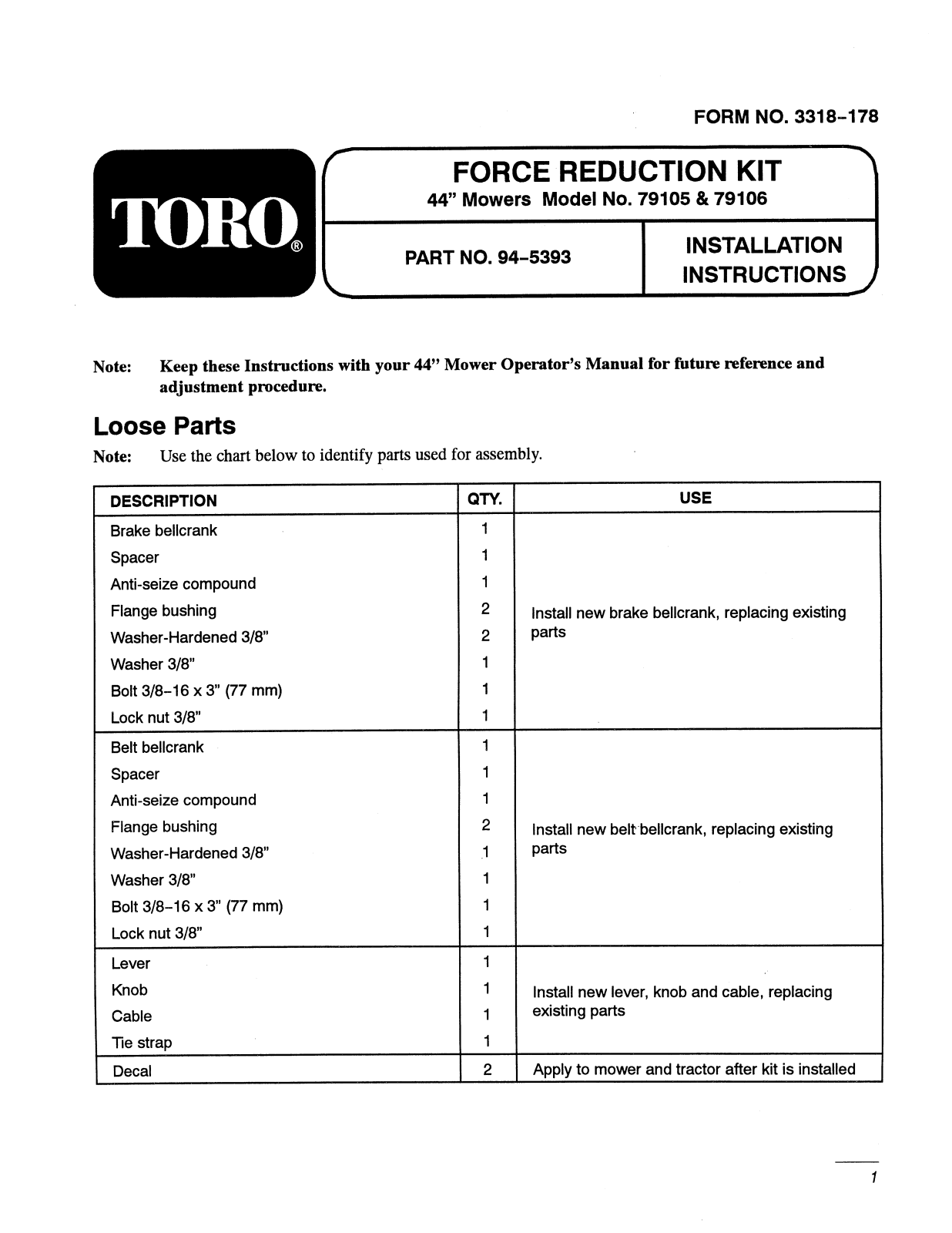 Toro 94-5393 Installation Instructions