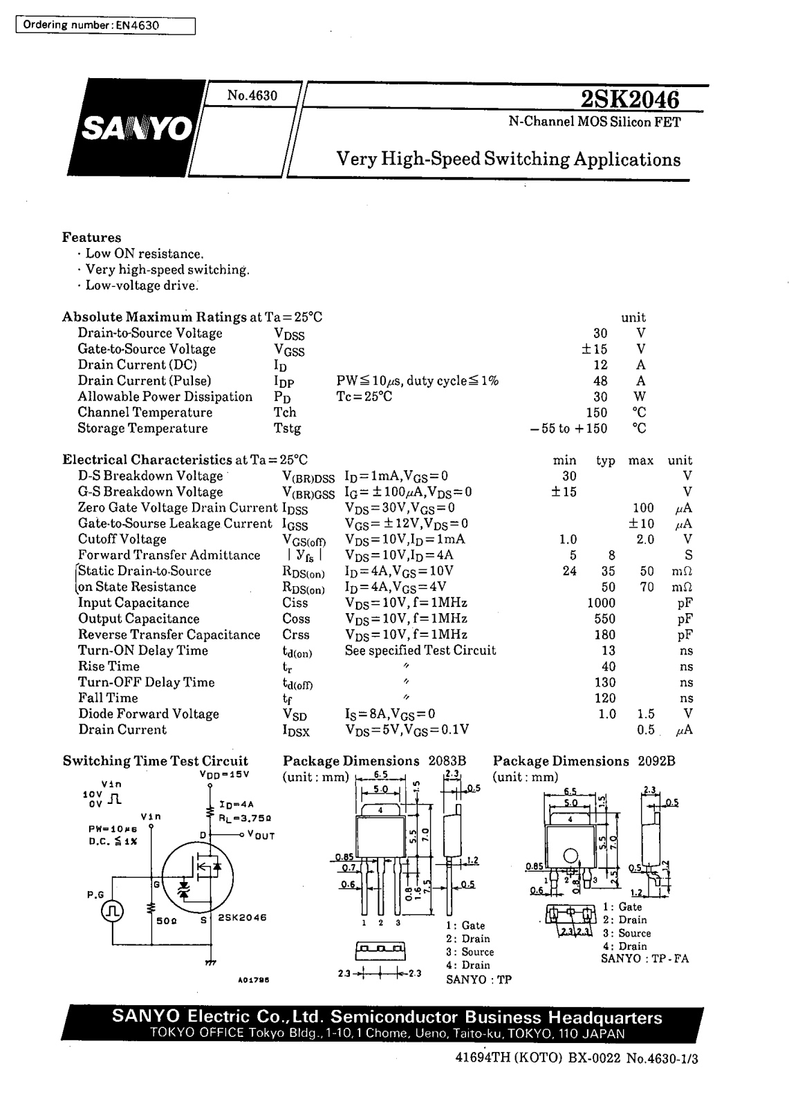 SANYO 2SK2046 Datasheet