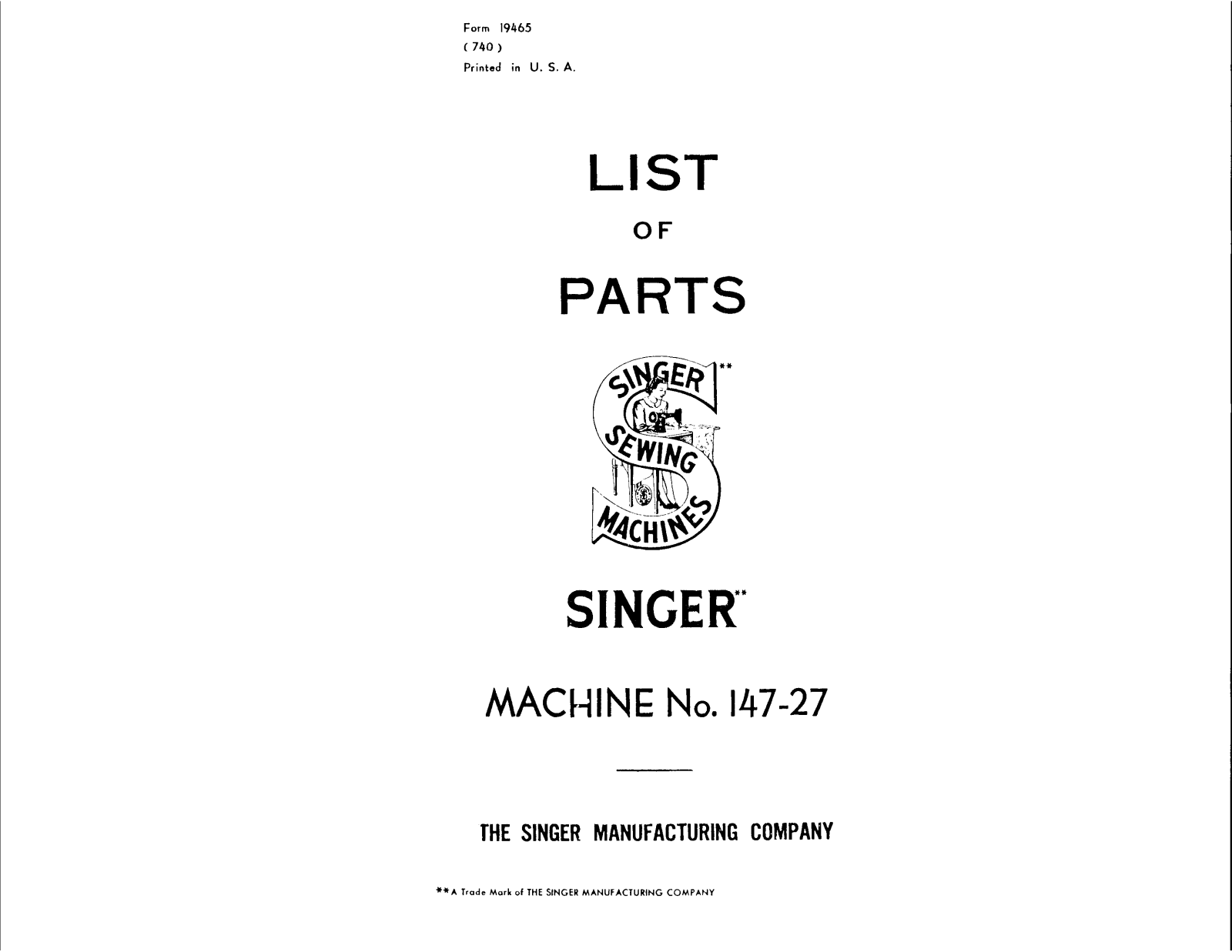 SINGER 147-27 Parts List