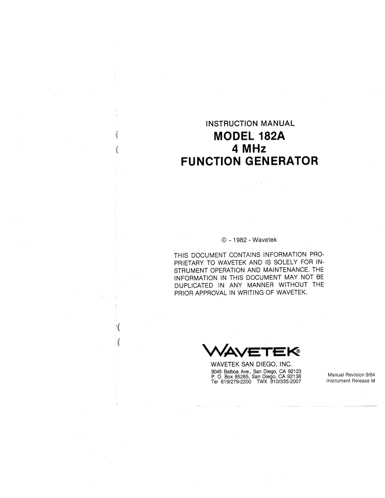 Wavetek 182A Service manual