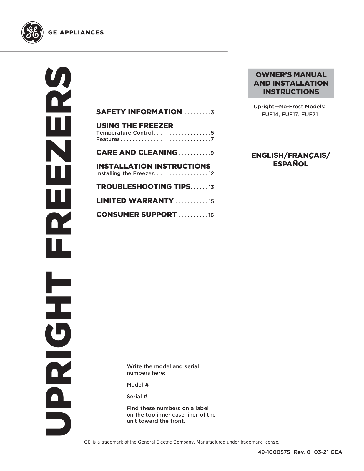 GE FUF14, FUF17, FUF21 Owner’s Manual & Installation Instructions